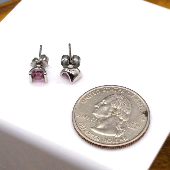 Vintage Pastel Square Cut Crystal Stud Earrings with Silver Tone Oval and Bead - Picture 7 of 7